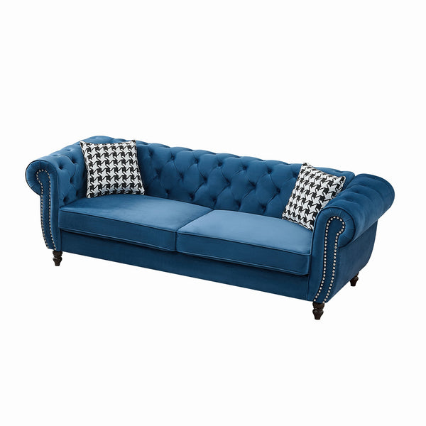 English Elm 87"Chesterfield Velvet Upholstery Sofa with Roll Armrests & Nailhead Trim, 3-Seater Luxurious Midcentury Design Blue W3373S00048