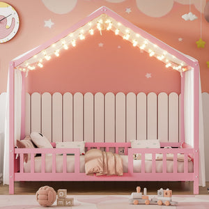 English Elm Montessori House Bed Frame Twin with Canopy & Full Guardrails, Cozy Kids Platform Bed for Toddlers Pink 81.5 L x 16 W x 6.6 H N733P356043H