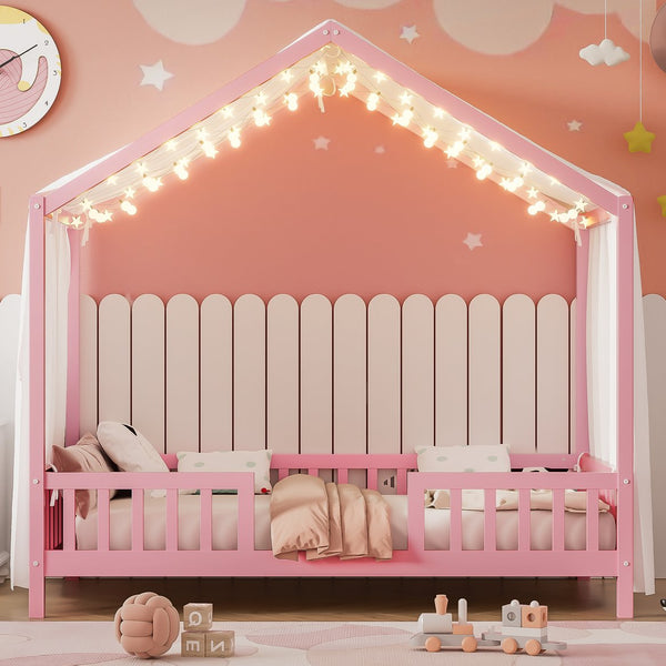 English Elm Montessori House Bed Frame Twin with Canopy & Full Guardrails, Cozy Kids Platform Bed for Toddlers Pink 81.5 L x 16 W x 6.6 H N733P356043H
