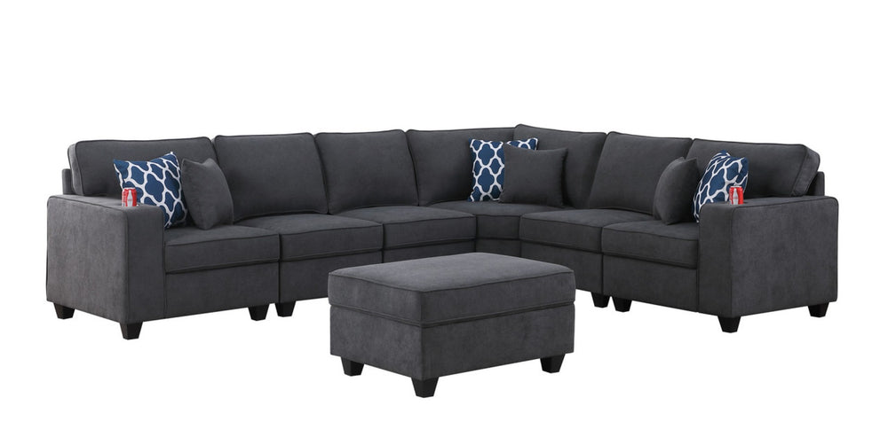 English Elm Cristiano Seven Piece Woven Fabric Sectional Sofa with Ottoman and Built-in Cupholders B2749S00111