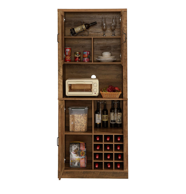 English Elm 76-Inch Rustic Oak Wine Cabinet with 12 Compartments, 3D Faux Rattan Doors, Glass Holders & Shelves W2702P183964