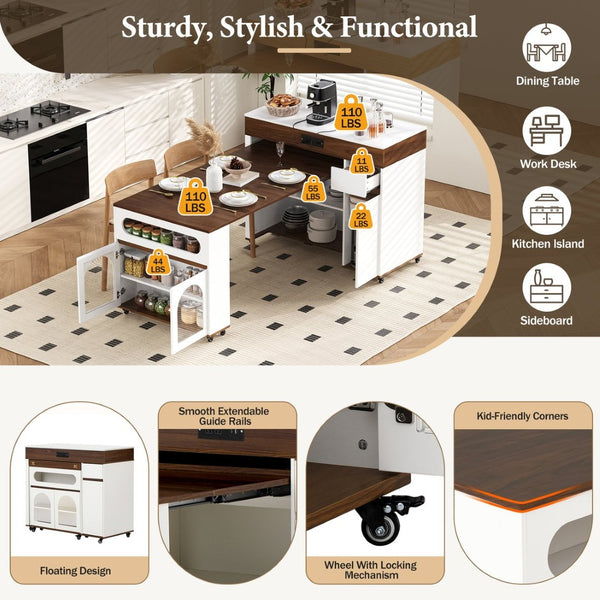 English Elm Trexm Rolling Kitchen Island Extendable Marble Top Cabinet Drawers Power Outlet Creamy White,Walnut XW000029AAD