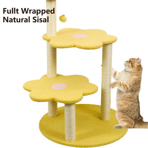 English Elm Cat Tree Daisy Floral Multi Level Climbing Tower with Sisal Posts and Plush Perch Yellow W243P451495