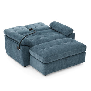 English Elm Leisure Chenille Two Seat Reclining Sofa with Usb Port Storage Ottoman Padded Armrests Blue W487S00516