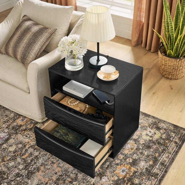 English Elm Mid Century Modern nightstand with USB charging, louver drawers, open shelf and hidden cord storage Black W1801P303391