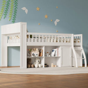 English Elm Full Size Kids Loft Bed with Led Headboard Open Shelving and Natural Wood Frame White N7090005024K