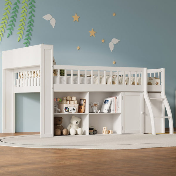 English Elm Full Size Kids Loft Bed with Led Headboard Open Shelving and Natural Wood Frame White N7090005024K