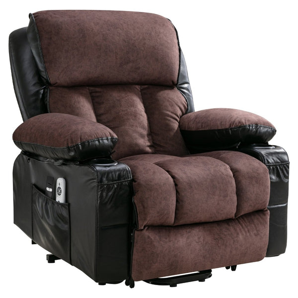 English Elm Power Lift Recliner Chair with Massage Heating Fleece Leather and Usb for Elderly Black+Brown W1807P299421