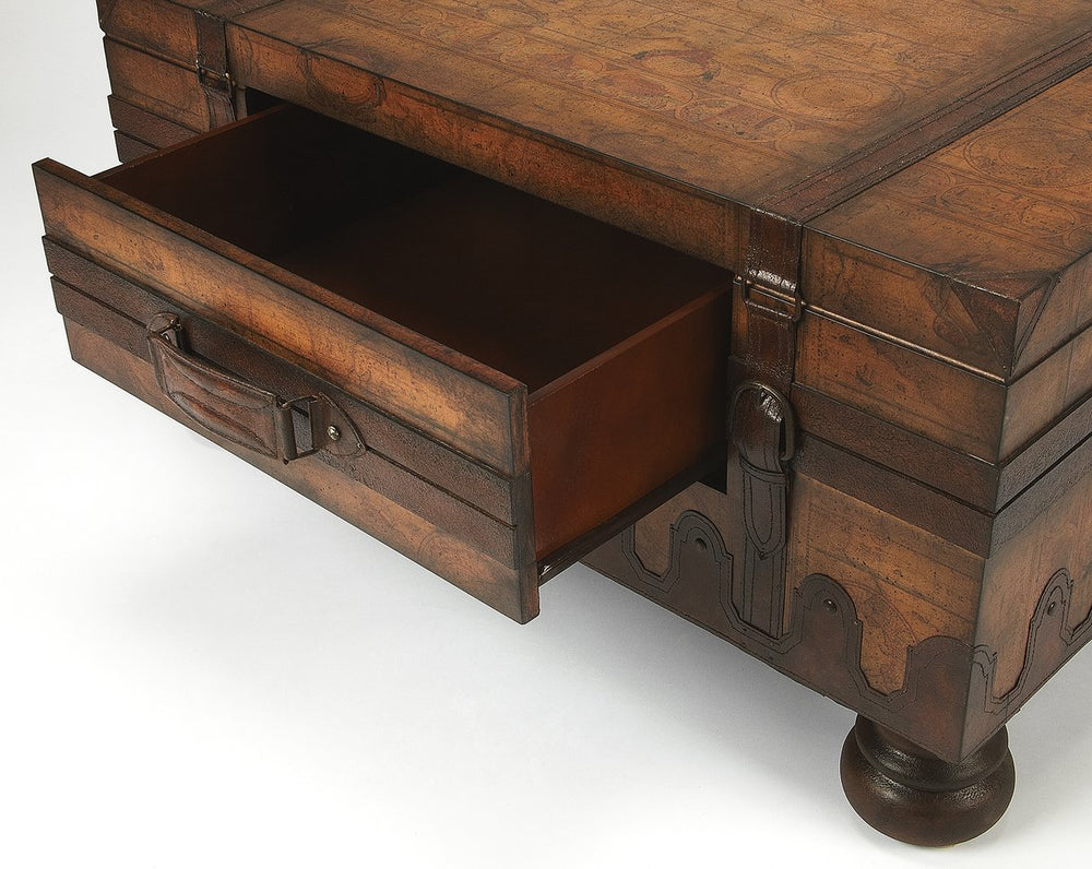 Butler Specialty Vasco Old World Map Trunk Table With 1 Drawer – Stylish Leather & Wood Design For Unique Decor Light Brown Plywood,Lauan Wood,Resin,Faux Leather 576070-butler