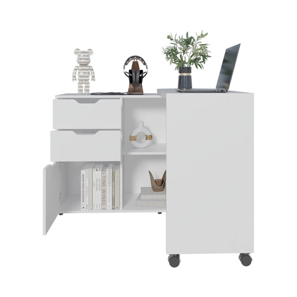 English Elm Lamont Rolling White Desk with Storage Drawers Shelves and Cabinet for Home Office B097S00245