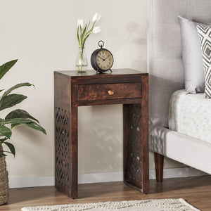 English Elm Christopher Knight Home® - End handcrafted traditional wood end table with carved detailing, mango-faux wood finish, drawer storage, 18"W 67337.00