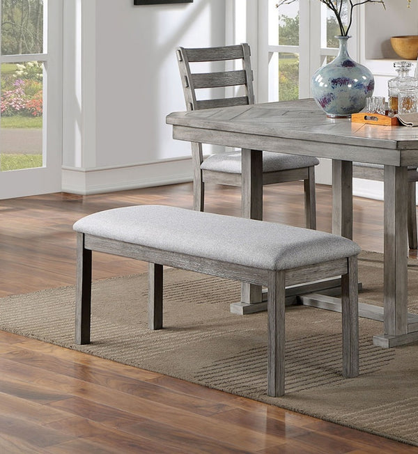 English Elm Dining Table Set With 4 Chairs & Bench - Rustic Grey Finish, Cozy Fabric Seats For Family Meals B011S01474