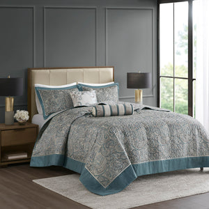 JLA Home Madison Park - 5 Jacquard Bedspread Set Reversible Paisley Teal and Grey with Quilted Texture, Embroidered Pillows 118 L x 102 W x 0.25H MP13-8314