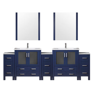 English Elm Navy Double Bath Vanity 108" W with Side Cabinets, White Ceramic Top, Mirrors & Chrome Faucet — Durable, Scratch-Resistant B2731S01222