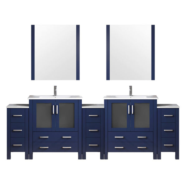 English Elm Navy Double Bath Vanity 108" W with Side Cabinets, White Ceramic Top, Mirrors & Chrome Faucet — Durable, Scratch-Resistant B2731S01222