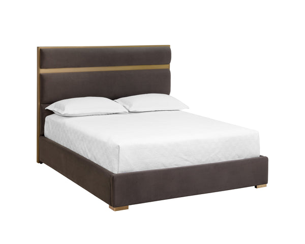 Sunpan Reign Bed - Elegant Meg Ash Fabric with Gold Stainless Steel Headboard, No Box Spring Needed Queen