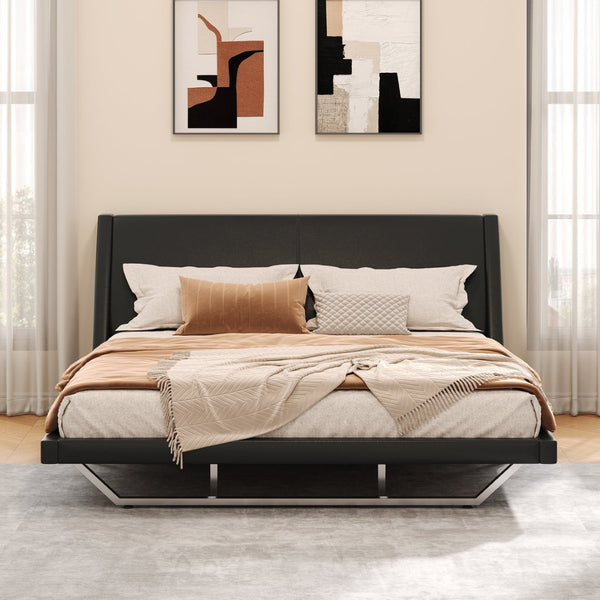English Elm Queen Pu Leather Platform Bed Sculptural Wave Base Floating Silhouette Modern Bedroom Black N761S0000032B