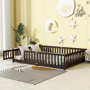 English Elm Queen Rubber Wood Floor Bed with Full Perimeter Safety Fence and Hinged Access Door Espresso W504P429342