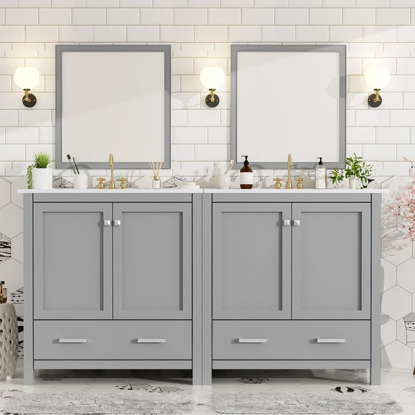 English Elm 60" Grey Bathroom Vanity Set with Double Sinks, Solid Wood, Soft-Close Doors, Divided Drawers & Storage Shelves for Spacious Modern Baths N729P000001E