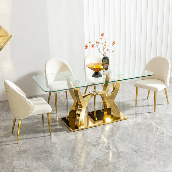English Elm Gold Stainless Steel Dining Table With Tempered Glass Top - Elegant, Durable, Modern Design, 70.08" W2723S00019