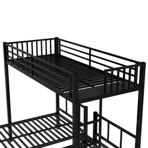 English Elm Twin Metal Triple Bunk Bed With Built-In Shelving, Space-Saving Design For Kids & Guests, Black Finish W1580S00118-GIGA