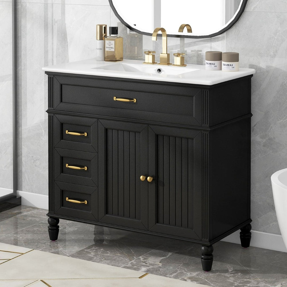 English Elm [video] 36 Inch Freestanding Bathroom Vanity Acacia Wood Legs Ceramic Sink Soft Close Black N759S340019B