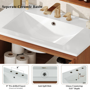 English Elm Christopher Knight Home® - 30" Modern Bathroom Vanity with Ceramic Sink, Natural Wood Grain, 45° Handle, Soft-Close, Ample Storage N817P245325N