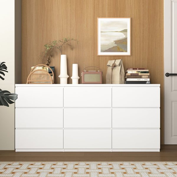English Elm White 9-Drawer Chest Modern Wide 63" Dresser No-Handle White Storage Cabinet Durable Particleboard Elegance W409P225882