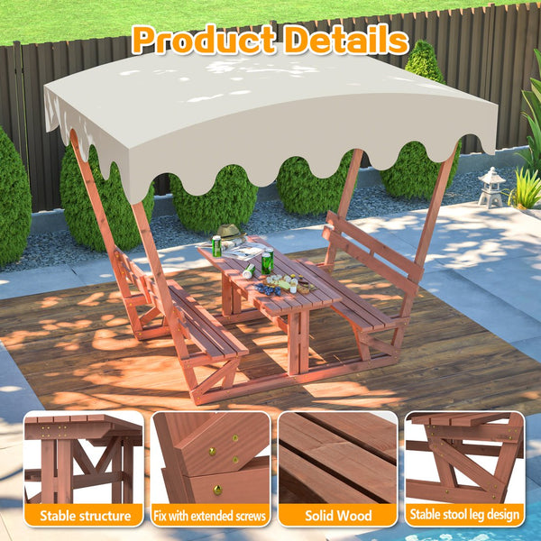 English Elm Outdoor Waterproof Solid Wood Picnic Table & Bench Set with Removable Canopy — Durable, All-Weather Seating for Patios, Gardens, Decks, Parks, Beaches W1422S00057