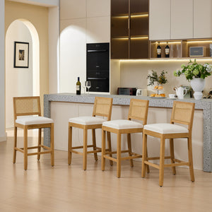 English Elm Full Solid Wood Rattan-Back Bar Stools Set Of 2 - Stylish Beige Cushions For Rustic Kitchen & Café W1143P384367