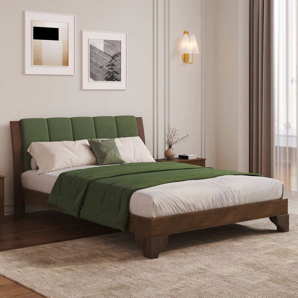 English Elm Christopher Knight Home® - Premium Pine Wood Queen Bed Frame - Mid-Century Modern Design With Upholstered Headboard & Green Accents N770P345991D_N770P345992D