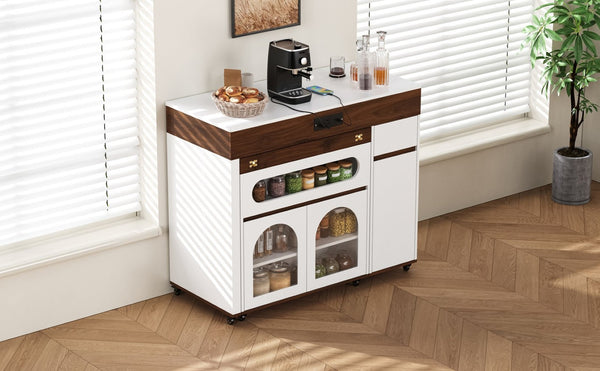 English Elm Trexm Rolling Kitchen Island Extendable Marble Top Cabinet Drawers Power Outlet Creamy White,Walnut XW000029AAD