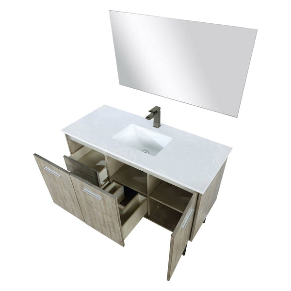 English Elm Rustic Acacia Bath Vanity 48" W, White Quartz Top, Gun Metal Faucet & 43" Mirror For Modern Style B2731S01937-GIGA