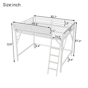 English Elm Queen Size Metal Loft Bed with Ladder and Built-In Storage Shelves, Sturdy High Bed for Teens 99" White W2580P379980
