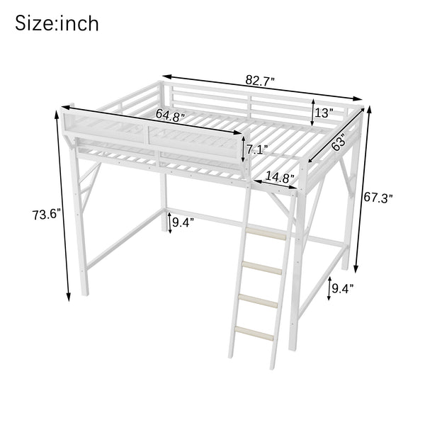 English Elm Queen Size Metal Loft Bed with Ladder and Built-In Storage Shelves, Sturdy High Bed for Teens 99" White W2580P379980