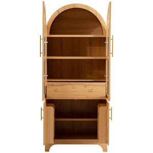 English Elm K&K Arched 71" Kitchen Pantry Cabinet with Glass Doors, Brass Handles, Adjustable Shelves & Drawer Natural N707P288969Y