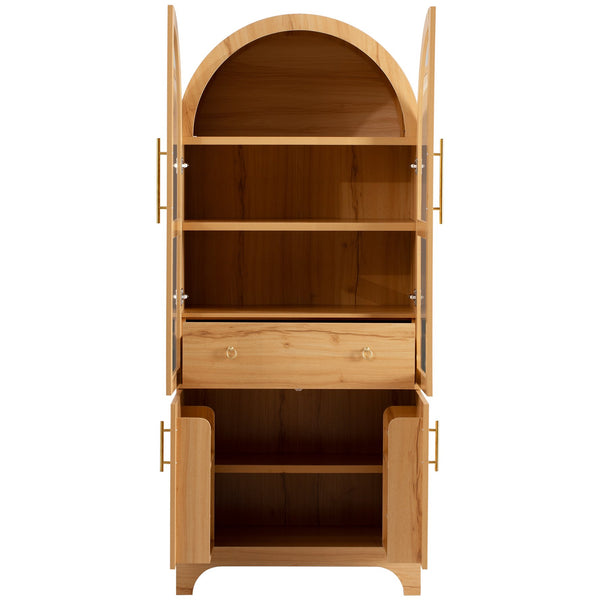 English Elm K&K Arched 71" Kitchen Pantry Cabinet with Glass Doors, Brass Handles, Adjustable Shelves & Drawer Natural N707P288969Y