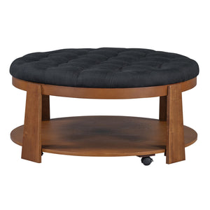 English Elm Modern Round Oversized Ottoman Coffee Table with Button Tufting, Waterproof Linen, Wheels & Lower Wood Shelf for Storage and Seating Black+Brown N735P180224B