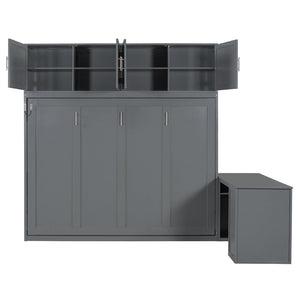 English Elm Queen Murphy Bed with Fold Down Desk Hydraulic Lift Storage Cabinets White N820S10034E-1