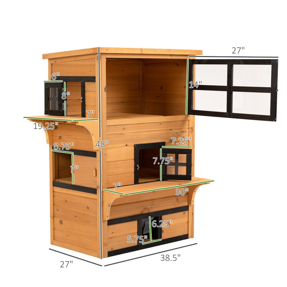 English Elm Pet House Outdoor Multi Tier Fir Wood Cat Condo with Platforms and Rain Resistant Eave T3971P437044