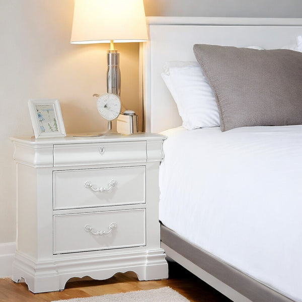 English Elm White 3-Drawer Nightstand with Hidden Top Drawer, Dovetail Craft, Metal Glides, Pine White Finish B062P209007