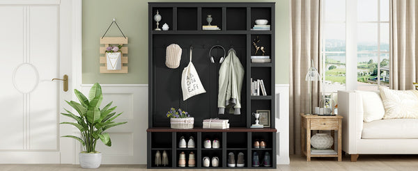 English Elm On-Trend Farmhouse Hall Tree With 6 Hooks & Storage Bench – 4-In-1 Entryway Organizer In Walnut & Black N721S000044B-GIGA