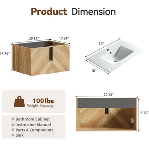 English Elm 30 Inch Floating Bathroom Vanity Fluted Wood Grain Front with Ceramic Integrated Sink W3520S00047