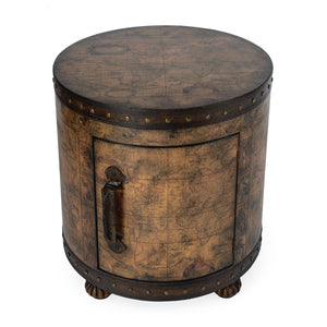 Butler Specialty Vasco Round Leather And Wood Old World Map Duffel Table With Elegant Storage And Leather Handle Light Brown Mdf,Lauan Wood,Resin,Faux Leather 583070-butler