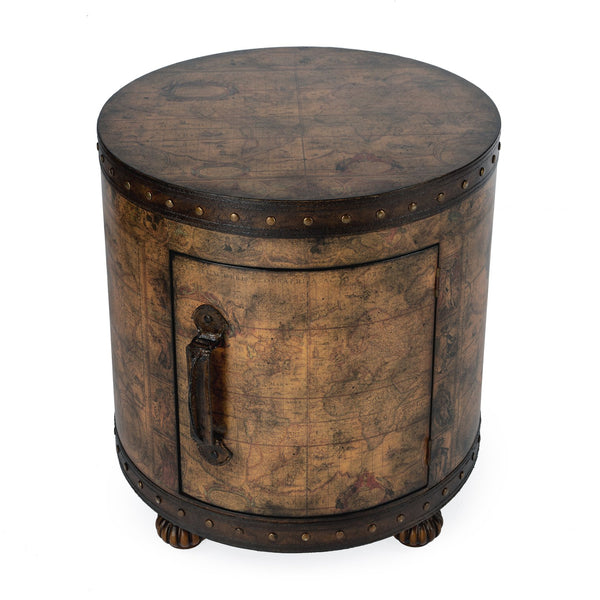 Butler Specialty Vasco Round Leather And Wood Old World Map Duffel Table With Elegant Storage And Leather Handle Light Brown Mdf,Lauan Wood,Resin,Faux Leather 583070-butler