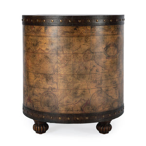 Butler Specialty Vasco Round Leather And Wood Old World Map Duffel Table With Elegant Storage And Leather Handle Light Brown Mdf,Lauan Wood,Resin,Faux Leather 583070-butler