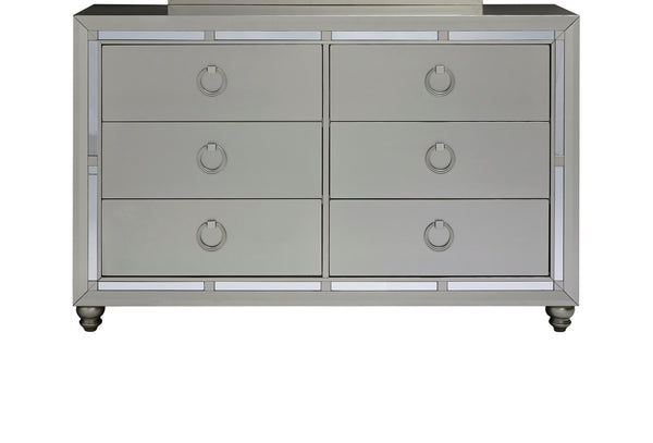 English Elm CHLOE Mirrored Gemstone Silver Chest with Spacious Drawers, Bun Feet and Center Metal Glide Elegance Silver+Grey 65 L x 19.75 W x 39 H B201P215914