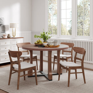 English Elm Christopher Knight Home® - 5PCS Mid-Century Modern Dining Set with Round Wood Table and Upholstered Fabric Chairs, Sleek Design Walnut 58915.00WNT_N771P240936T