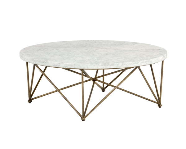 Sunpan Skyy Coffee Table - Elegant Carrara Marble Design with Antique Brass Frame for Modern Spaces Round - 40W x 40D x 15H
