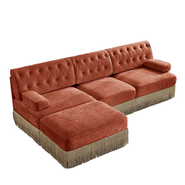 English Elm 3-seater Velvet Modular Sectional with Button Tufting Tassel Skirt and Wooden Base Red+Brown W714S01723